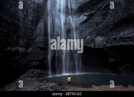 Vista posteriore di un uomo in piedi accanto alla cascata Tumpak Sewu, Giava orientale, Indonesia Foto Stock