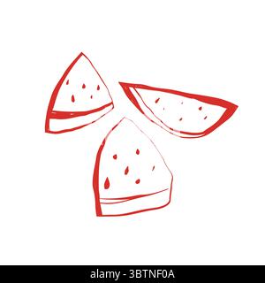 Set minimo di fette di anguria in stile rosso disegnato a mano su sfondo bianco con tre semplici pezzi di frutta Illustrazione Vettoriale