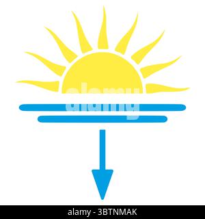Simbolo solare astratto con linee orizzontali e freccia verso il basso in blu e giallo Illustrazione Vettoriale