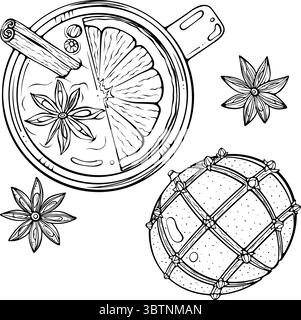 Vista dall'alto, VIN brulé con spezie galleggianti che fiancheggiano l'arte Illustrazione Vettoriale