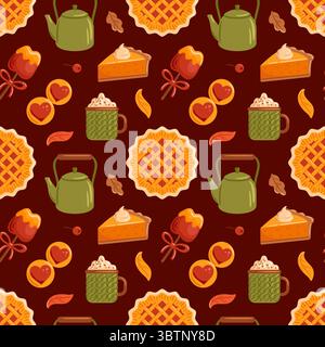 Questa deliziosa illustrazione vettoriale mostra un motivo intima e senza cuciture con teiere, torte, bevande calde e foglie autunnali. Ideale per le feste autunnali Illustrazione Vettoriale