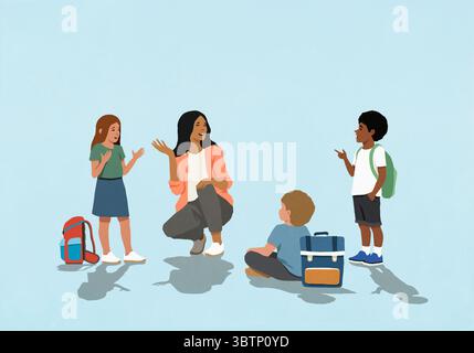 Insegnante femminile e bambini di scuola multirazziale che gestiscono la discussione su sfondo blu Foto Stock