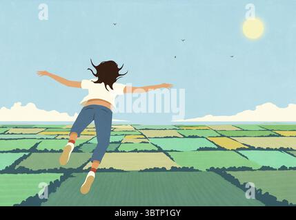Donna spensierata che sogna ad occhi aperti, sorvolando campi agricoli assolati e lussureggianti Foto Stock