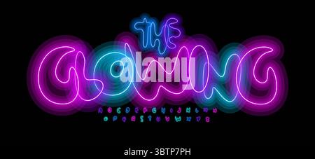 Alfabeto al neon colorato, lettere brillanti e audaci, carattere eccentrico e arrotondato per volantino di Halloween, poster del club per bambini, cartellone di carnevale, evento discoteca, titolo festivo Illustrazione Vettoriale