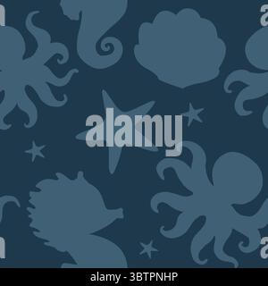 Gli animali marini omettono un motivo senza cuciture. Cavalluccio marino, stelle marine, polpo, sagoma della conchiglia. Illustrazione per bambini isolata su sfondo blu scuro Foto Stock