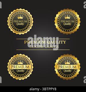 Etichette di lusso di alta qualità: Gli squisiti design in oro e nero conferiscono raffinatezza e prestigio, perfetti per il marchio di lusso. Illustrazione Vettoriale