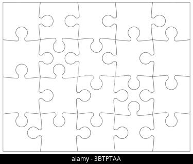 Tessere puzzle rettangolare nero contorno sottile. Puzzle puzzle con angolazioni. Delinea i pezzi del puzzle, mockup regolabile e modificabile. Illustrazione Vettoriale