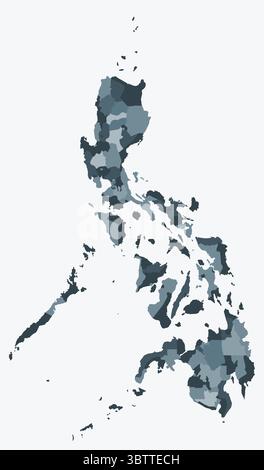 Mappa delle Filippine con le regioni. Solo una semplice mappa di confine con la divisione della regione. Tavolozza dei colori blu/grigio. Illustrazione Vettoriale