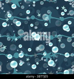 Motivo senza cuciture in stile mare, bolle blu, onde astratte, ombre di animali acquatici. Illustrazione clip art isolata su sfondo scuro. Per il bagno Foto Stock