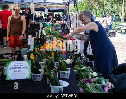 Toronto, Canada. 15 luglio 2025. Un cliente fa acquisti di generi alimentari in un mercato agricolo a Toronto, Canada, il 15 luglio 2025. L'indice dei prezzi al consumo (CPI, Consumer Price Index) del Canada è aumentato del 1,9% su base annuale a giugno, rispetto a un aumento del 1,7% a maggio, secondo Statistics Canada martedì. Crediti: Zou Zheng/Xinhua/Alamy Live News Foto Stock