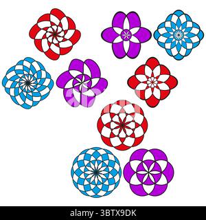 Ornamenti floreali astratti. Forme vivaci e colorate. Motivi geometrici di fioritura. Elementi decorativi vettoriali Illustrazione Vettoriale