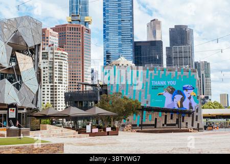 11 ottobre 2020: Melbourne, Australia - 10 ottobre 2020: Federation Square a Melbourne è tranquilla e vuota durante la pandemia di Coronavirus e il relativo blocco. (Immagine di credito: © Chris Putnam/ZUMA Wire) Foto Stock