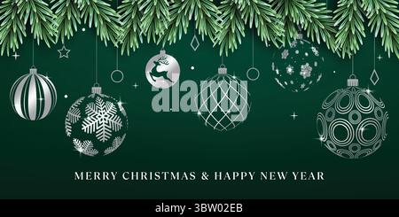 Banner clipart per il buon Natale. Buon Natale e felice anno nuovo testo di benvenuto su sfondo verde con rami di abete, stampati e motivi Illustrazione Vettoriale