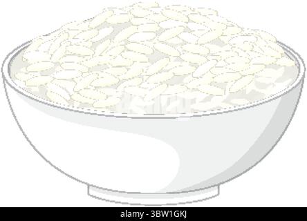 Illustrazione vettoriale minimalista di una ciotola in ceramica bianca riempita con riso bianco crudo, design piatto con linee pulite e sfondo neutro Illustrazione Vettoriale