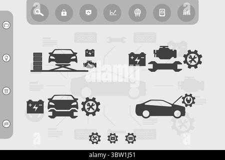 Illustrazione digitale piatta che mostra l'interfaccia di diagnostica automobilistica con le icone di auto, motore e batteria Foto Stock