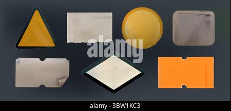 Collezione di adesivi e cartellini dei prezzi in bianco vintage: Cartellino di avvertimento triangolare, quadrato di carta strappata, badge circolare, rettangolo arrotondato, etichetta con angoli intagliati. Vecchi elementi di prezzo al dettaglio per gli espositori dei negozi. Illustrazione Vettoriale