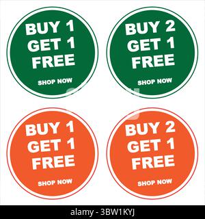 Acquistando 1, 1 in omaggio e 2, 1 in omaggio. Icona circolare. Design moderno. Banner con badge di offerta. Illustrazione vettoriale. Illustrazione Vettoriale