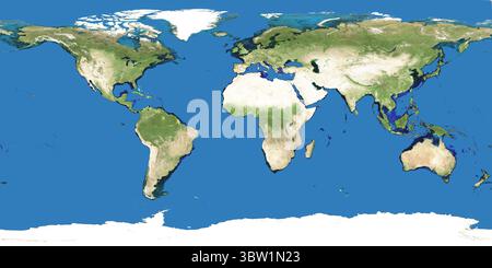 La mappa del mondo mostra i continenti in proiezione cilindrica su sfondo blu, con calotte polari di ghiaccio Foto Stock