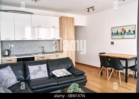Un moderno soggiorno open space e cucina con un elegante divano in pelle, tavolo da pranzo in legno e arredi minimalisti che creano un ambiente accogliente e funzionale Foto Stock