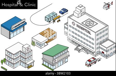 Isometric line art illustrazione set di strutture mediche tra cui un ospedale generale con elicottero medico, ambulanza di emergenza, clinica odontoiatrica, dru Illustrazione Vettoriale
