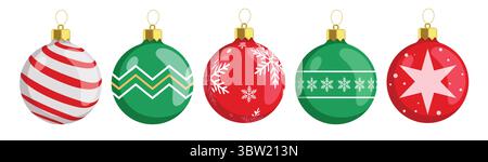 Palle di Natale stampate e set di ritagli. Elementi decorativi con palline di Natale verdi e rossi ritagliano la grafica a spirale, curva, fiocchi di neve e stelle Illustrazione Vettoriale