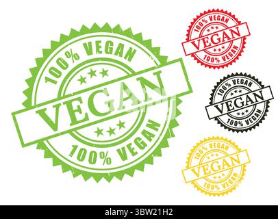Un set di sigilli vegani al 100%, icone di timbri ecologiche in stile Grunge Illustrazione Vettoriale