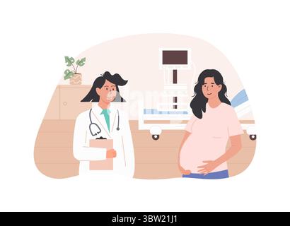 Donna incinta durante la visita dell'ospedale prenatale con medico donna. Visita di assistenza sanitaria prenatale. Concetto di monitoraggio della gravidanza e assistenza materna. Clinica Illustrazione Vettoriale