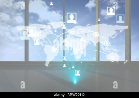 La mappa della rete globale con design piatto viene proiettata sulle finestre degli uffici, mostrando nodi e linee traslucidi Foto Stock