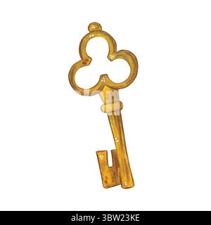 Chiave antica dorata. Illustrazione acquerello disegnata a mano, cartone animato. Disegno per scrapbooking, adesivi, biglietti. Chiave, serratura, porta, segreto, metallo, oro Foto Stock