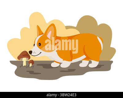 Illustrazione di un curioso cane corgi che sniffa i funghi a terra in un ambiente autunnale. Scena carina perfetta per i temi degli animali domestici, l'esplorazione della natura, i mari Illustrazione Vettoriale