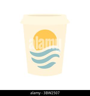 Tazza da caffè usa e getta con il simbolo del sole e delle onde marine su sfondo chiaro, concetto di bevanda estiva minimalista Illustrazione Vettoriale