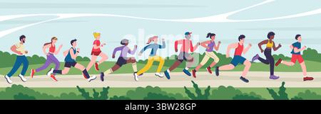 Gente che corre la maratona. Esercizio sportivo all'aperto, jogging di personaggi che si allenano insieme, un gruppo di atlete maschili che allenano l'allenamento, lo sport Illustrazione Vettoriale