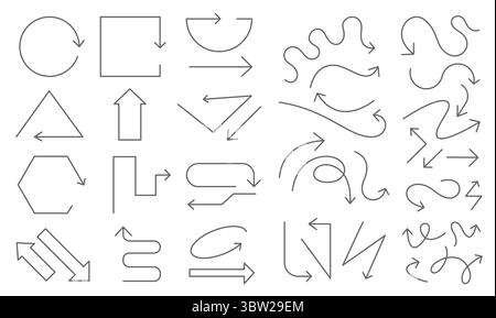 Frecce di linea. Elementi decorativi minimalisti con freccia a spirale astratta a zigzag con spirale, moderni segni a forma di scarabocchio con freccia in monolina. Vettore Illustrazione Vettoriale