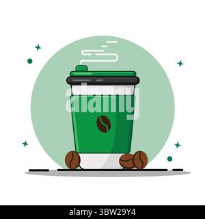 Tazza da caffè verde con fagioli e vettoriale di vapore Design piatto Illustrazione Vettoriale