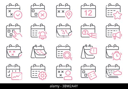 Icone della riga del calendario. Delineare i simboli di scadenza, pianificazione di riunioni e appuntamenti, pittogrammi del pianificatore giorno mese anno. Raccolta traccia modificabile vettoriale Illustrazione Vettoriale