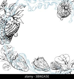 Foglie di fragole che volano in gocce di rugiada, fragola di pinola da giardino matura disegnata a mano con inchiostro vettoriale. Angolo del bordo quadrato isolato Illustrazione Vettoriale