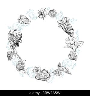 Le foglie di fragole volano in acqua spruzzano gocce di rugiada con cubetti di ghiaccio, fragola di pinola matura da giardino. Inchiostro vettoriale isolato disegnato a mano Illustrazione Vettoriale