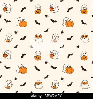 Motivo di Halloween senza cuciture con simpatici fantasmi, zucche, pipistrelli e ragni su sfondo beige Illustrazione Vettoriale