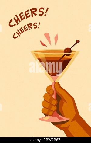 Tenere a mano un cocktail con guarnizione di ciliegio. illustrazione geometrica minimale della bevanda con messaggio di brindisi audace ed energia retrò festosa Illustrazione Vettoriale