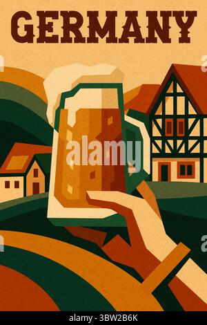 Mano che regge un bicchiere di birra tedesca. bevanda tradizionale in stile geometrico poster retrò con architettura rurale e paesaggio caldo Illustrazione Vettoriale