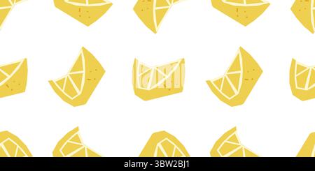 Modello di sezione al limone giallo senza cuciture. Fette di limone cartoni animati di colore giallo brillante su sfondo bianco. Modello piatto senza cuciture per i modelli estivi. Illustrazione Vettoriale