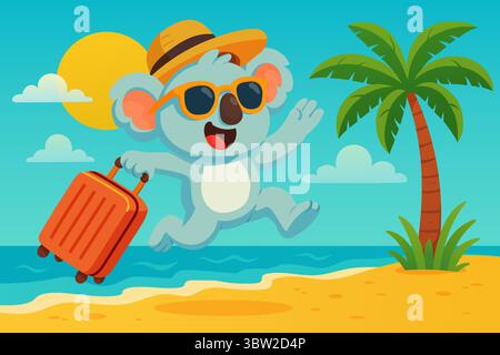 koala in cappello e bicchieri con una valigia che si precipita in spiaggia in vacanza Illustrazione Vettoriale