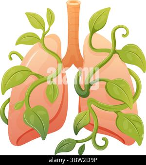 polmoni umani sani con viti e fiori in fiore verde, concetto di salute polmonare Illustrazione Vettoriale