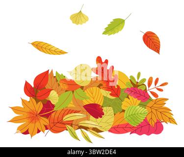 Le foglie d'autunno si accumulano. Cartoon Fallen Leaves on Ground, colorato tappeto in foglia d'acero arancione rosso giallo verde. Fogliame autunnale della natura vettoriale Illustrazione Vettoriale