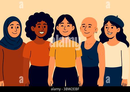 cinque donne diverse che sorridono fianco a fianco. uno che indossa un hijab, uno calvo, uno con lentiggini. Concetto di unità, inclusione, empowerment, e. Illustrazione Vettoriale