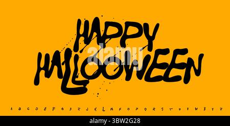 Felice frase di Halloween in stile graffiti. Scritte a mano in grassetto con spruzzi d'inchiostro spaventosi per poster, inviti, biglietti, social media Illustrazione Vettoriale