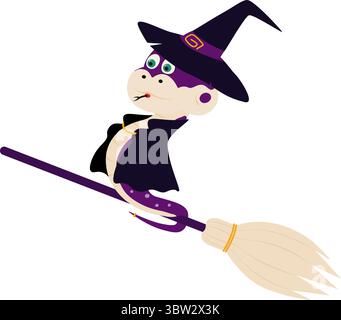 Simpatico serpente in cappello da strega e mantello volare su scopa volante Halloween divertente idea di elemento di design del personaggio. Illustrazione vettoriale isolata saluto di Halloween biglietti tematici festa invito banner, opuscolo, etichetta Illustrazione Vettoriale