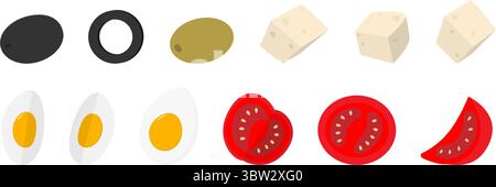 Olive nere e verdi cubi di uova sode e pomodori, insalata o ingredienti per pizza. Illustrazione del vettore isolato poster tematico per alimenti sani o carta di menu banner, opuscolo, etichetta, tag Illustrazione Vettoriale