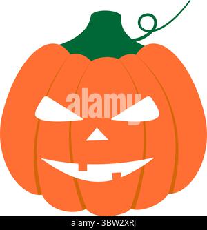 Zucche di Halloween con volto sorriso scolpito e ricci sullo stelo carino personaggio elemento di design Halloween. Illustrazione vettore isolato icona adesivo contenuto correlato ad Halloween biglietti d'auguri, opuscolo, post Illustrazione Vettoriale