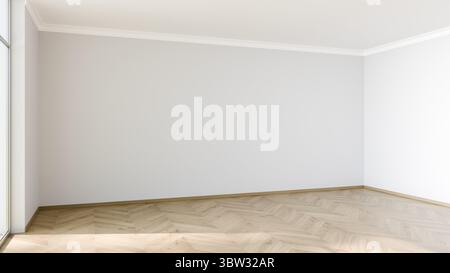 Spazio luminoso e arioso con pavimento in legno chiaro e pareti bianche pulite, che offrono uno sfondo versatile per decorare o arredare. Ideale per Foto Stock